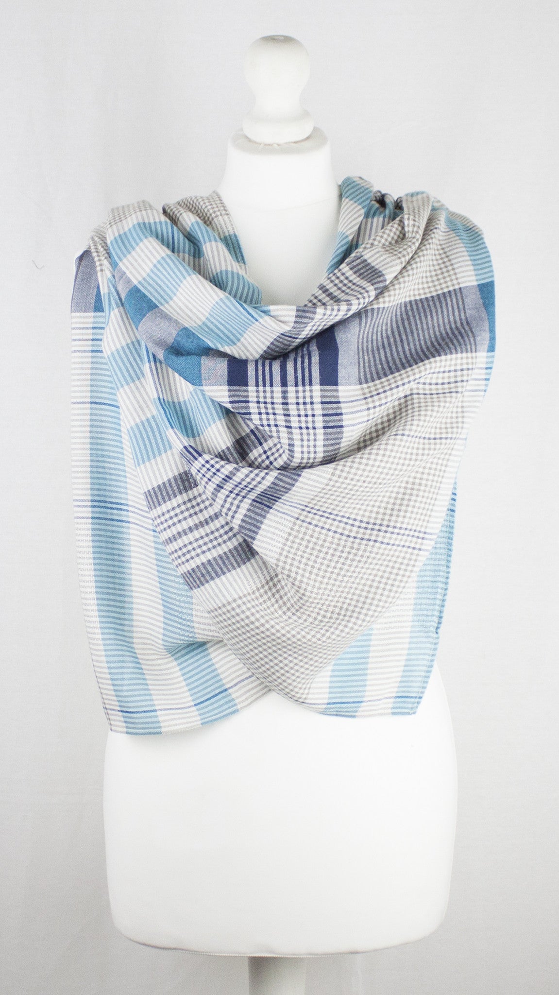 Checks and Stripes Textured Weave Viscose Scarf - Blue Navy Beige
