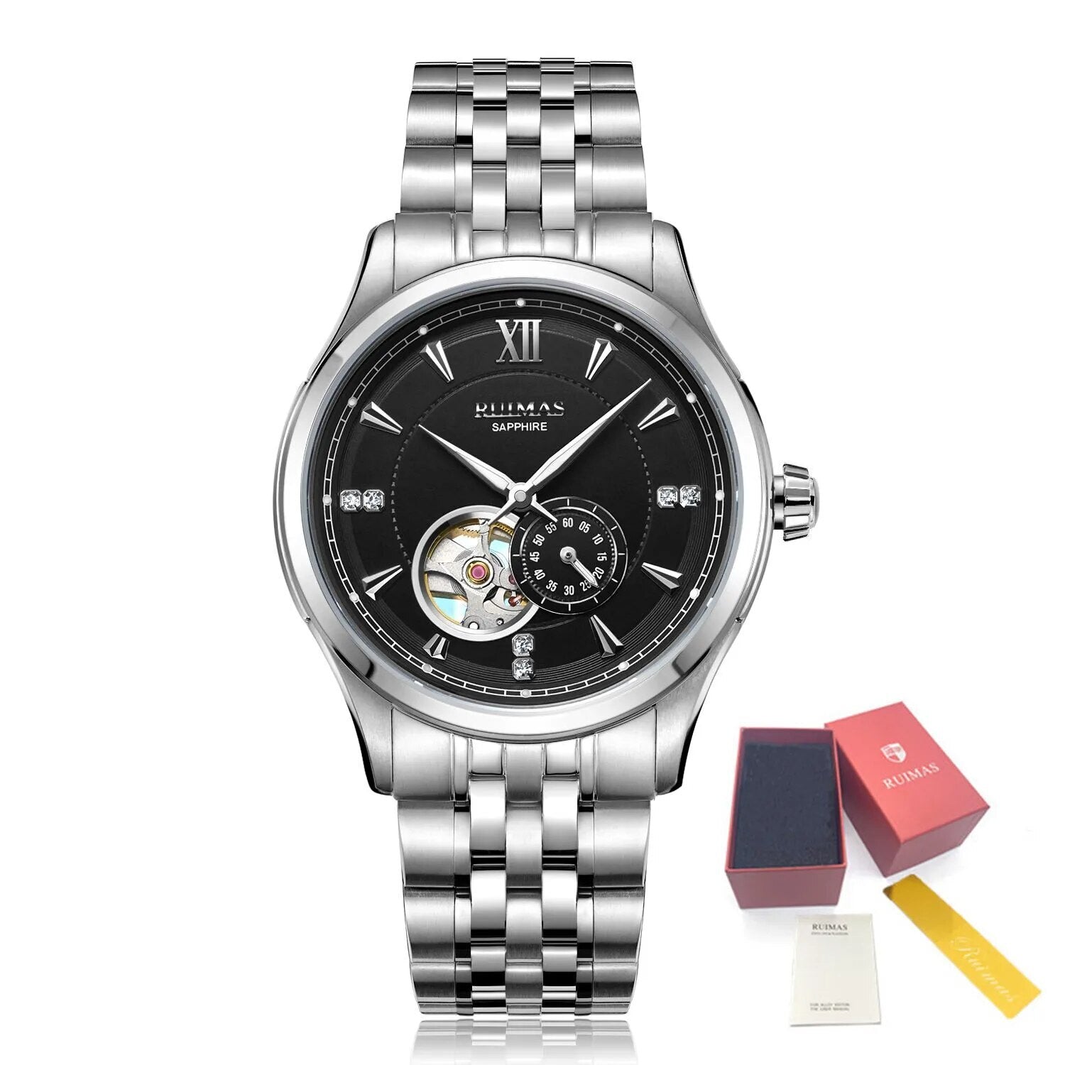 RUIMAS Luxury Men Mechanical Watches Sapphire Glass Stainless Steel Bracelet Business Casual WristWatch Clock Montre Homme 6736