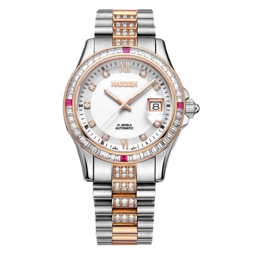 NAKZEN Men Japan NH35 Movement Automatic Mechanical Watch Elegant Diamond Stainless Steel Bracelet Watches Relogio Masculino 6013