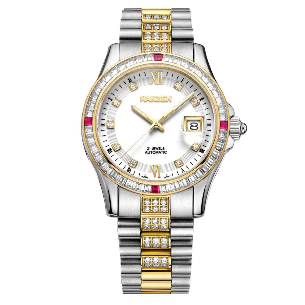 NAKZEN Men Japan NH35 Movement Automatic Mechanical Watch Elegant Diamond Stainless Steel Bracelet Watches Relogio Masculino 6013