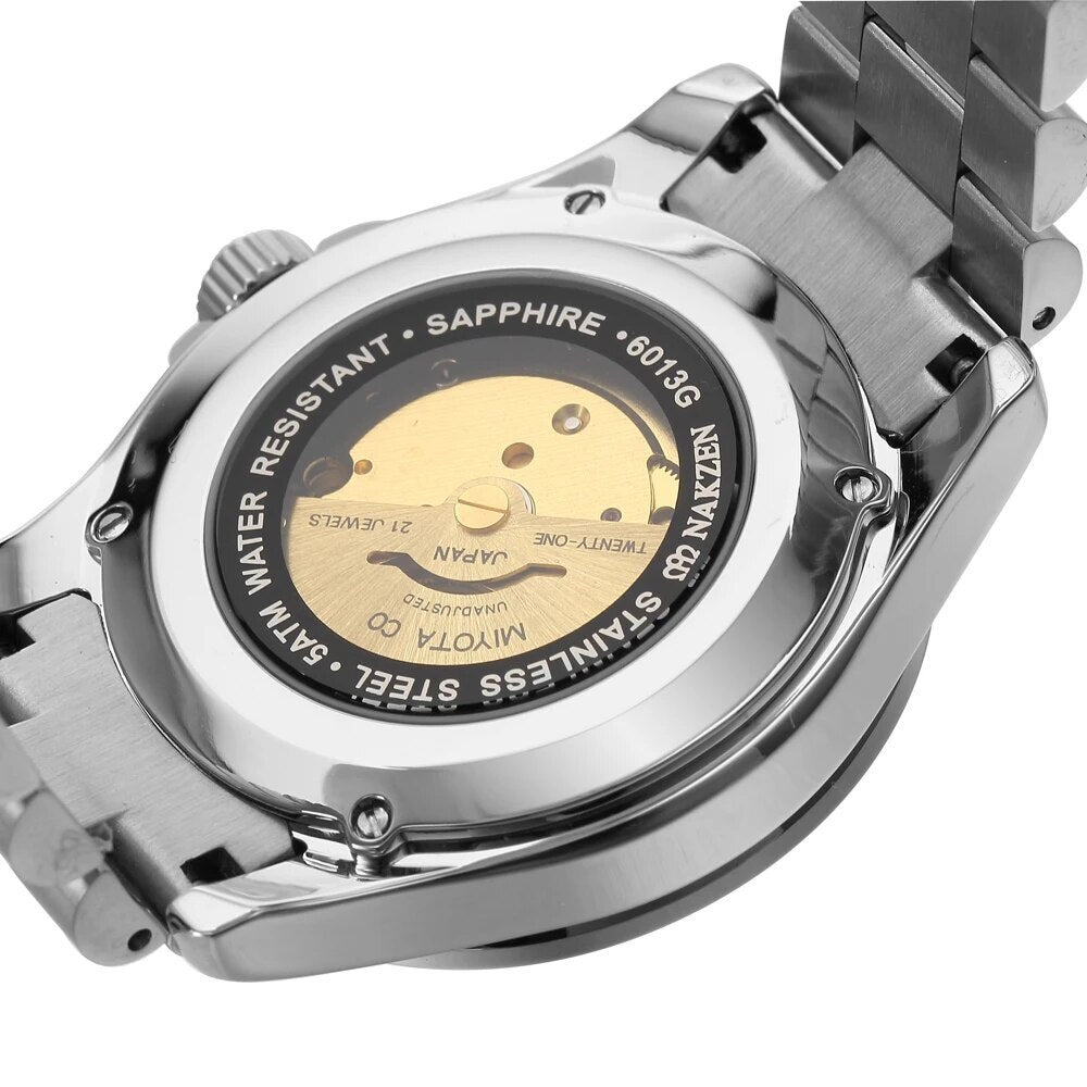 NAKZEN Men Japan NH35 Movement Automatic Mechanical Watch Elegant Diamond Stainless Steel Bracelet Watches Relogio Masculino 6013