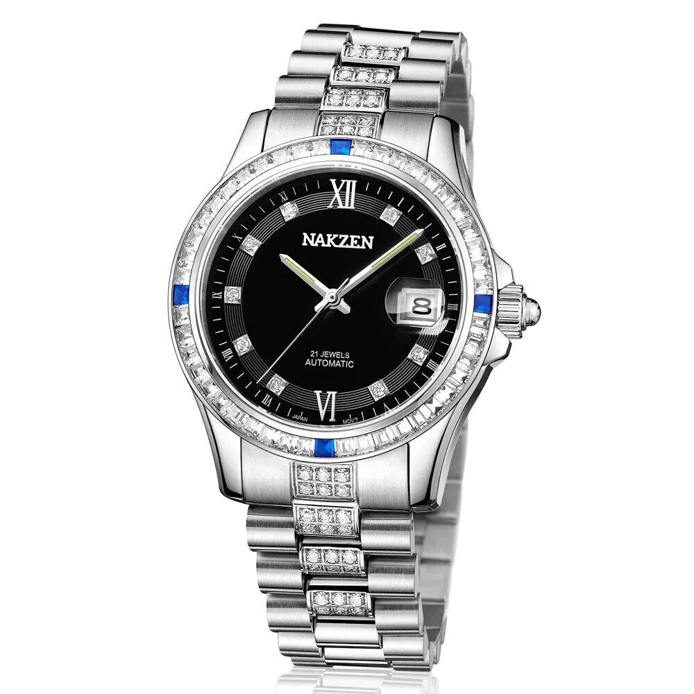 NAKZEN Men Japan NH35 Movement Automatic Mechanical Watch Elegant Diamond Stainless Steel Bracelet Watches Relogio Masculino 6013