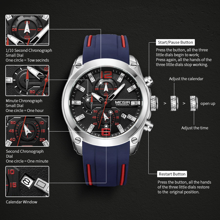 MEGIR Brand Luxury Big Dial Sport Quartz Watch for Men Waterproof Silicone Strap Chronograph Clock Wristwatch Reloj Hombre 2063