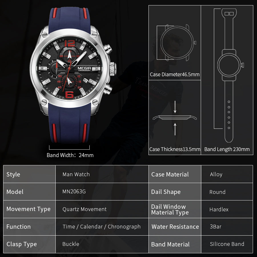MEGIR Brand Luxury Big Dial Sport Quartz Watch for Men Waterproof Silicone Strap Chronograph Clock Wristwatch Reloj Hombre 2063
