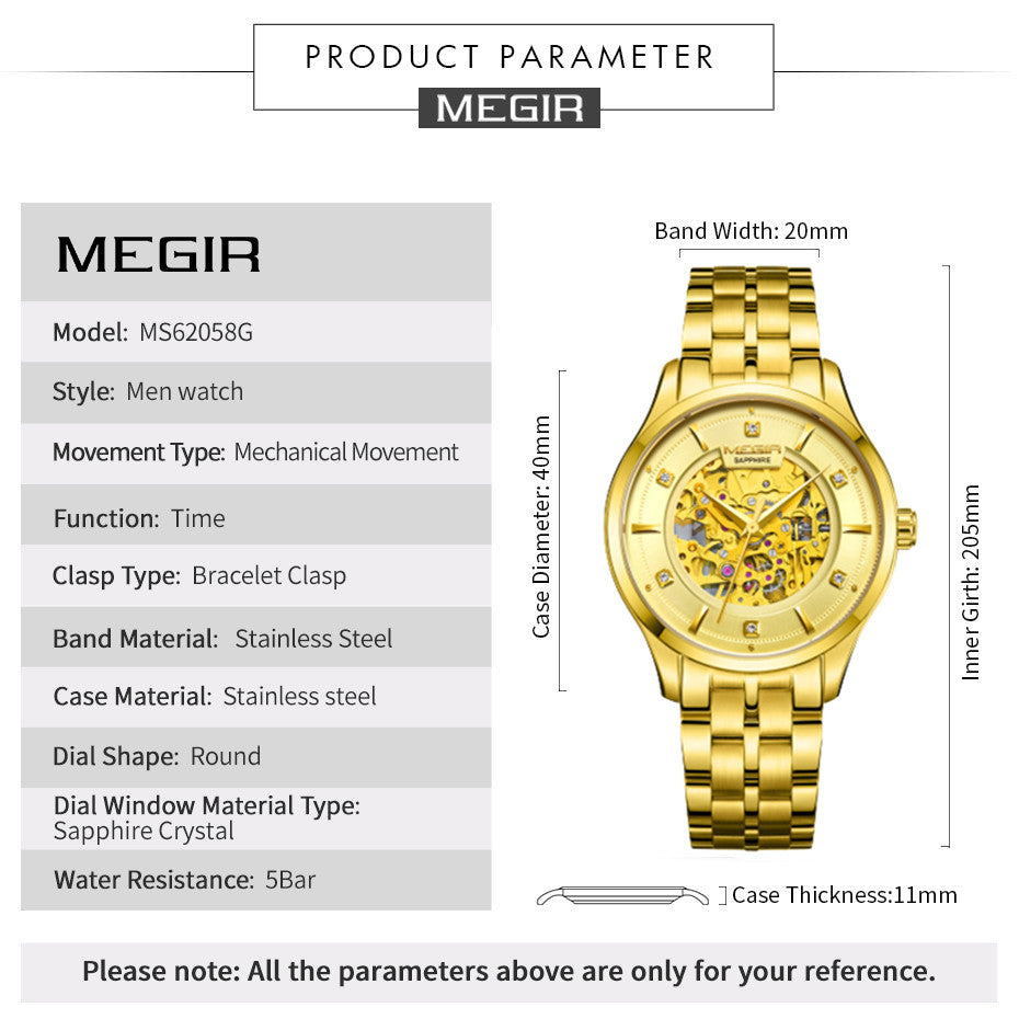 MEGIR Luxury Men Watches Waterproof Automatic Mechanical Watch Stainless Steel Sapphire Gold Business WristWatch Reloj Hombre 62058