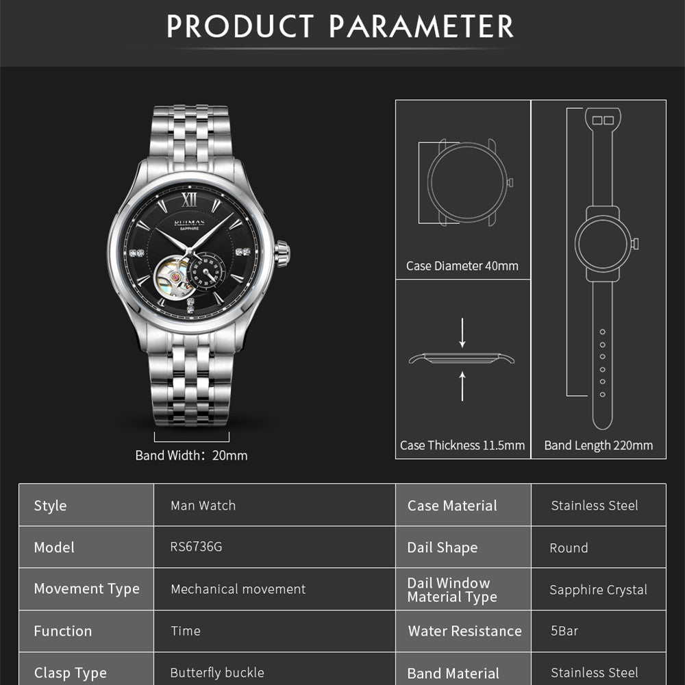 RUIMAS Luxury Men Mechanical Watches Sapphire Glass Stainless Steel Bracelet Business Casual WristWatch Clock Montre Homme 6736
