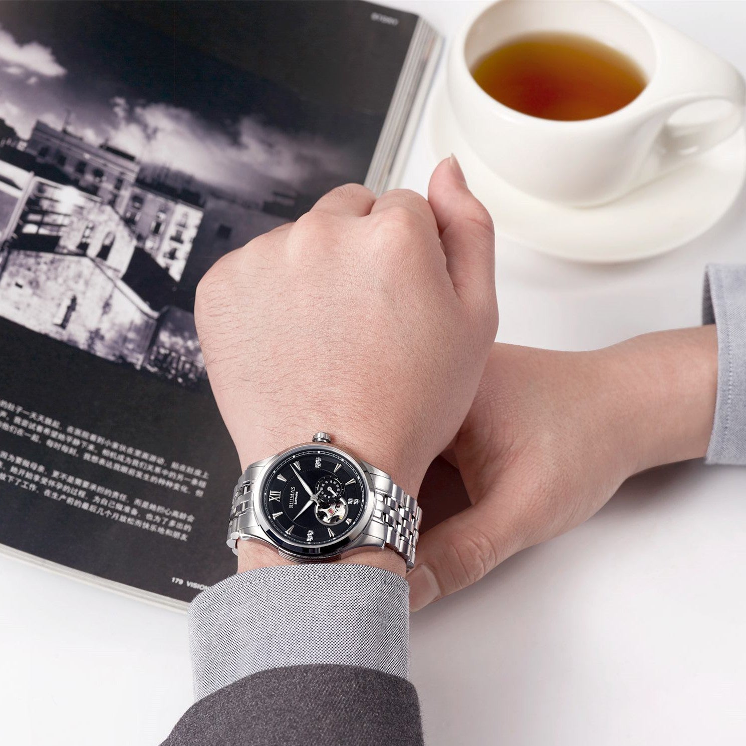 RUIMAS Luxury Men Mechanical Watches Sapphire Glass Stainless Steel Bracelet Business Casual WristWatch Clock Montre Homme 6736