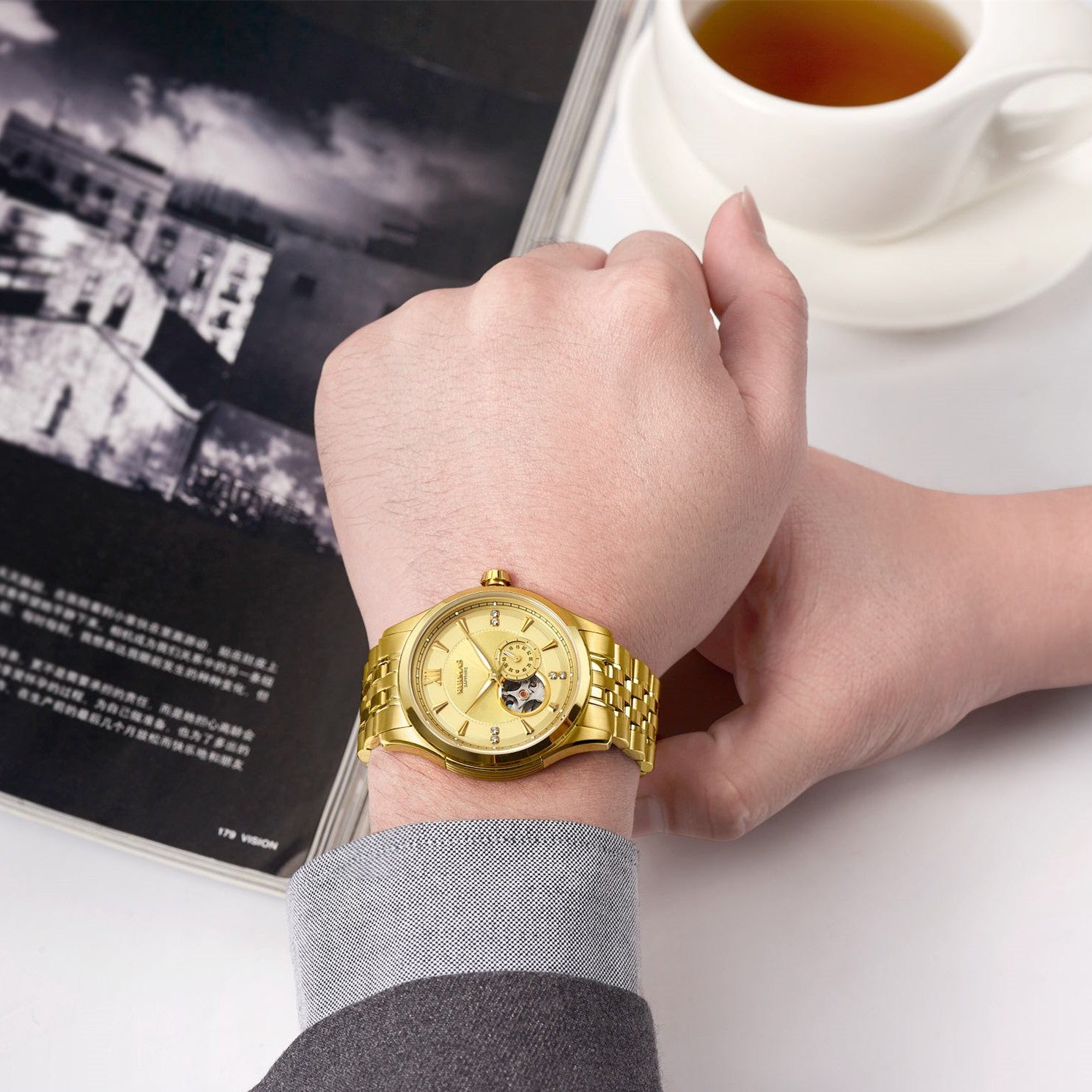 RUIMAS Luxury Men Mechanical Watches Sapphire Glass Stainless Steel Bracelet Business Casual WristWatch Clock Montre Homme 6736