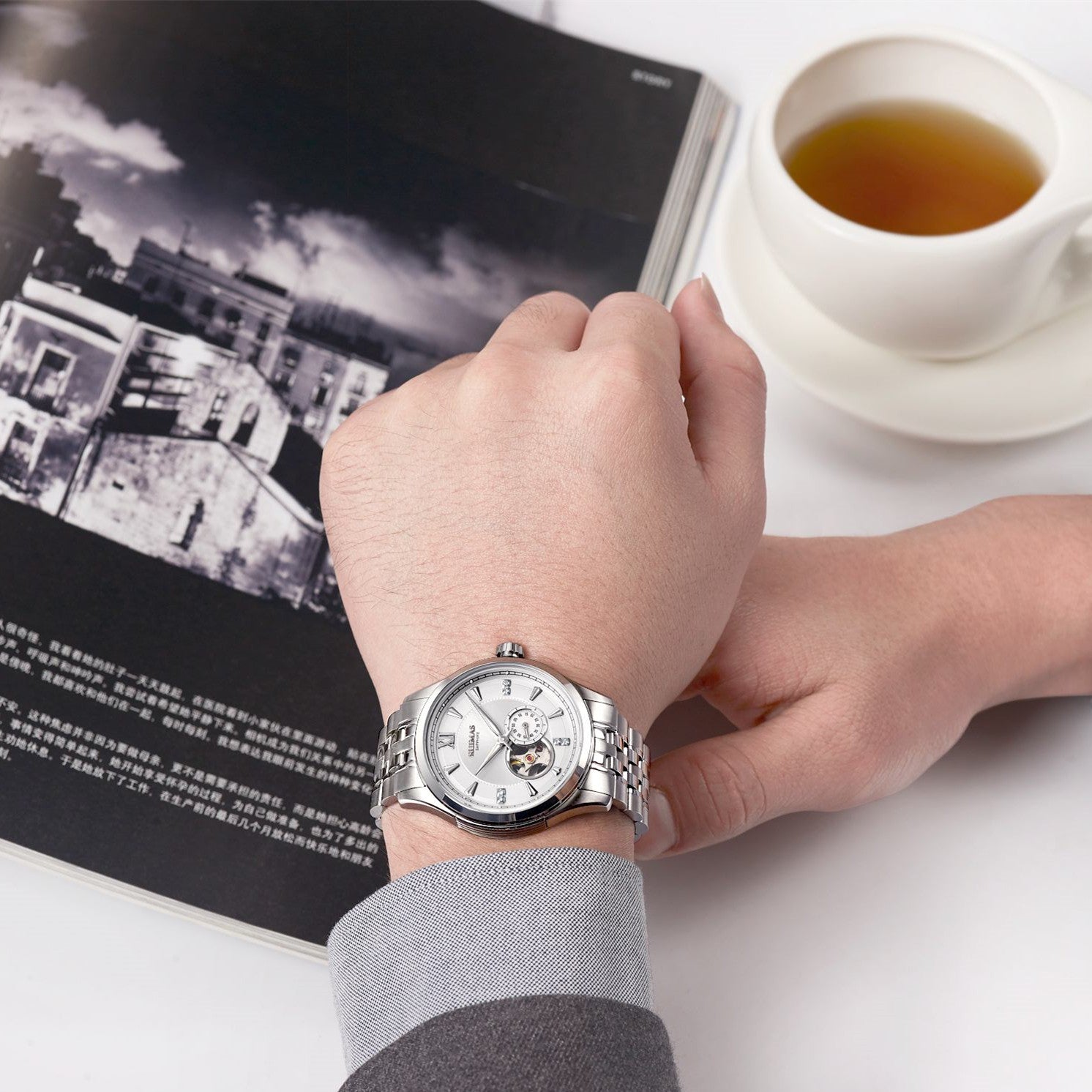 RUIMAS Luxury Men Mechanical Watches Sapphire Glass Stainless Steel Bracelet Business Casual WristWatch Clock Montre Homme 6736