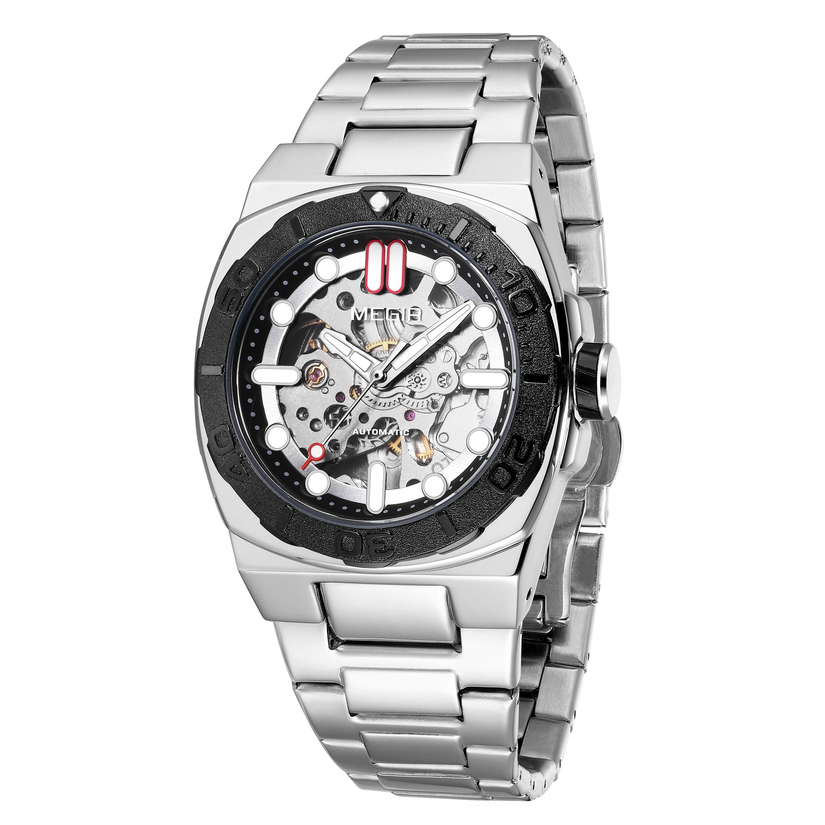 MEGIR Skeleton Dial Mechanical Watches for Men Luxury Business Wristwatch Stainless Steel Waterproof Automatic Watch Clock 8606