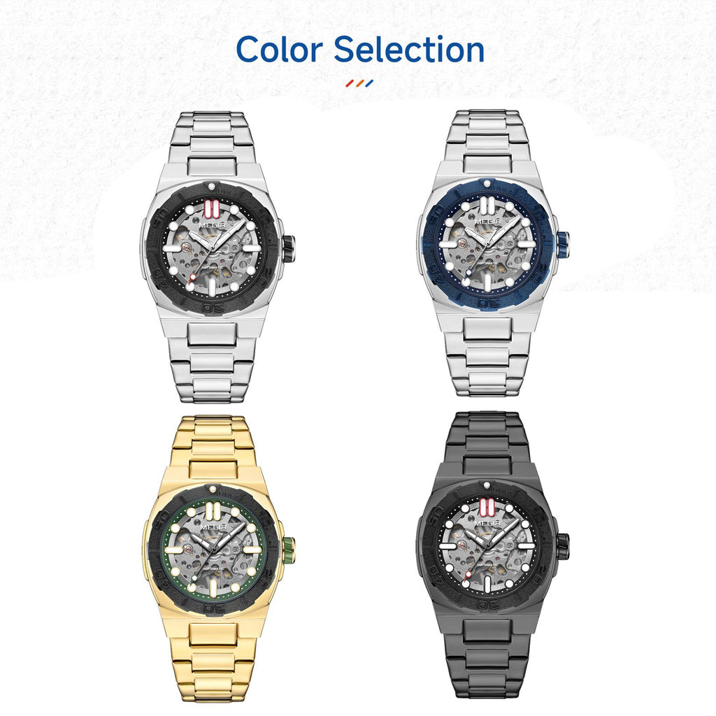 MEGIR Skeleton Dial Mechanical Watches for Men Luxury Business Wristwatch Stainless Steel Waterproof Automatic Watch Clock 8606
