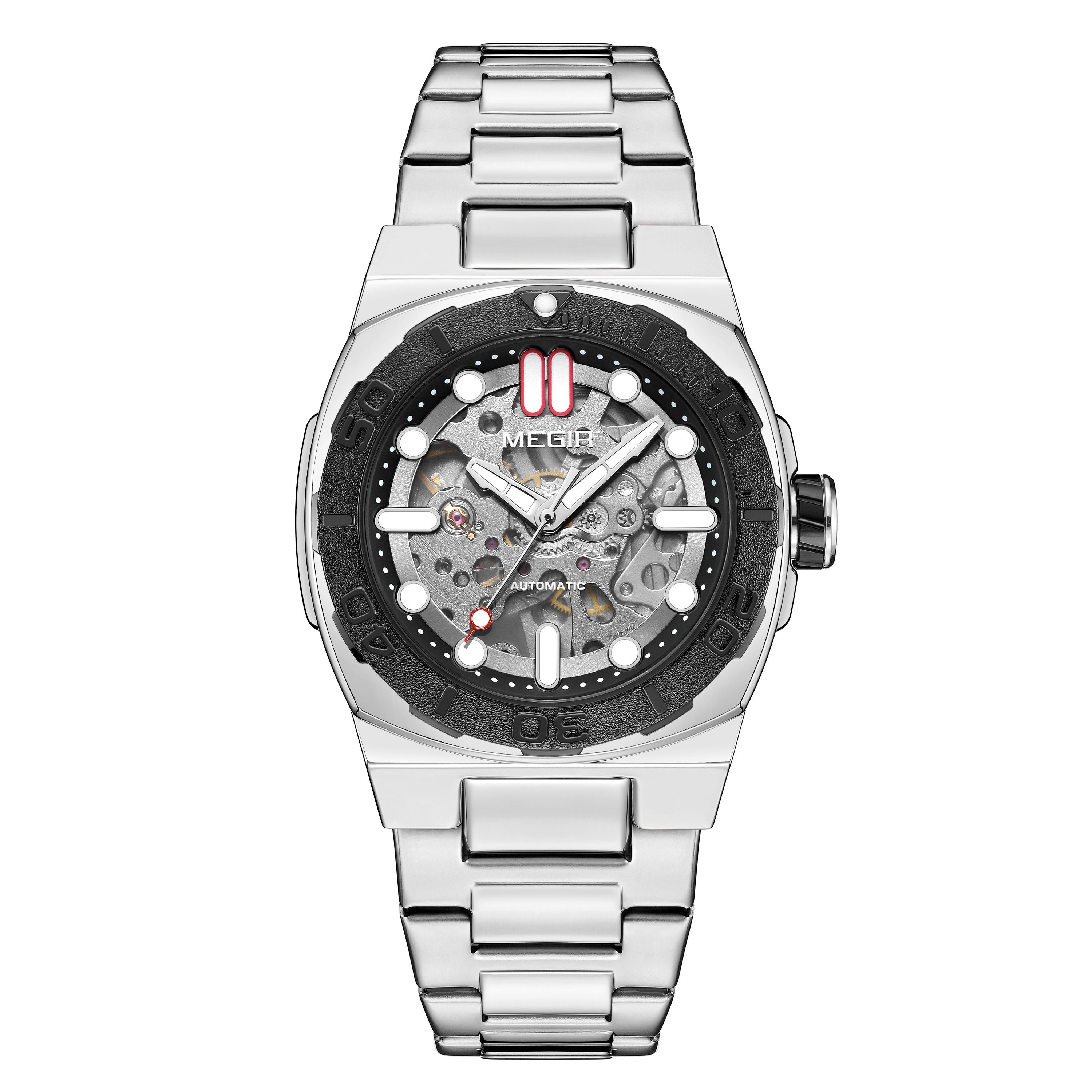 MEGIR Skeleton Dial Mechanical Watches for Men Luxury Business Wristwatch Stainless Steel Waterproof Automatic Watch Clock 8606