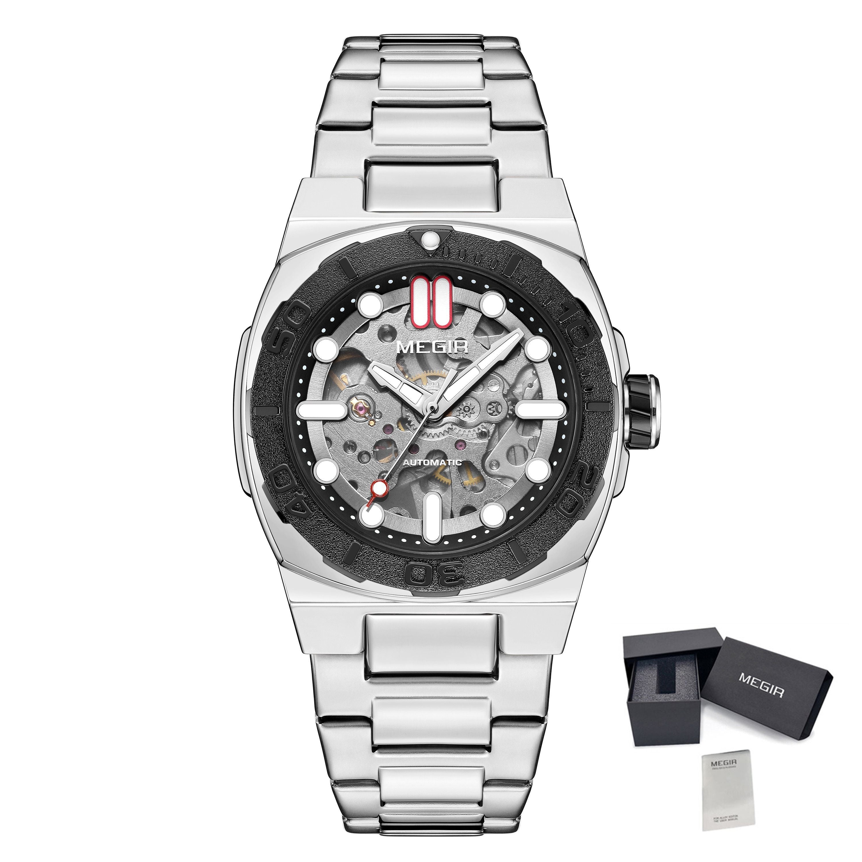 MEGIR Skeleton Dial Mechanical Watches for Men Luxury Business Wristwatch Stainless Steel Waterproof Automatic Watch Clock 8606