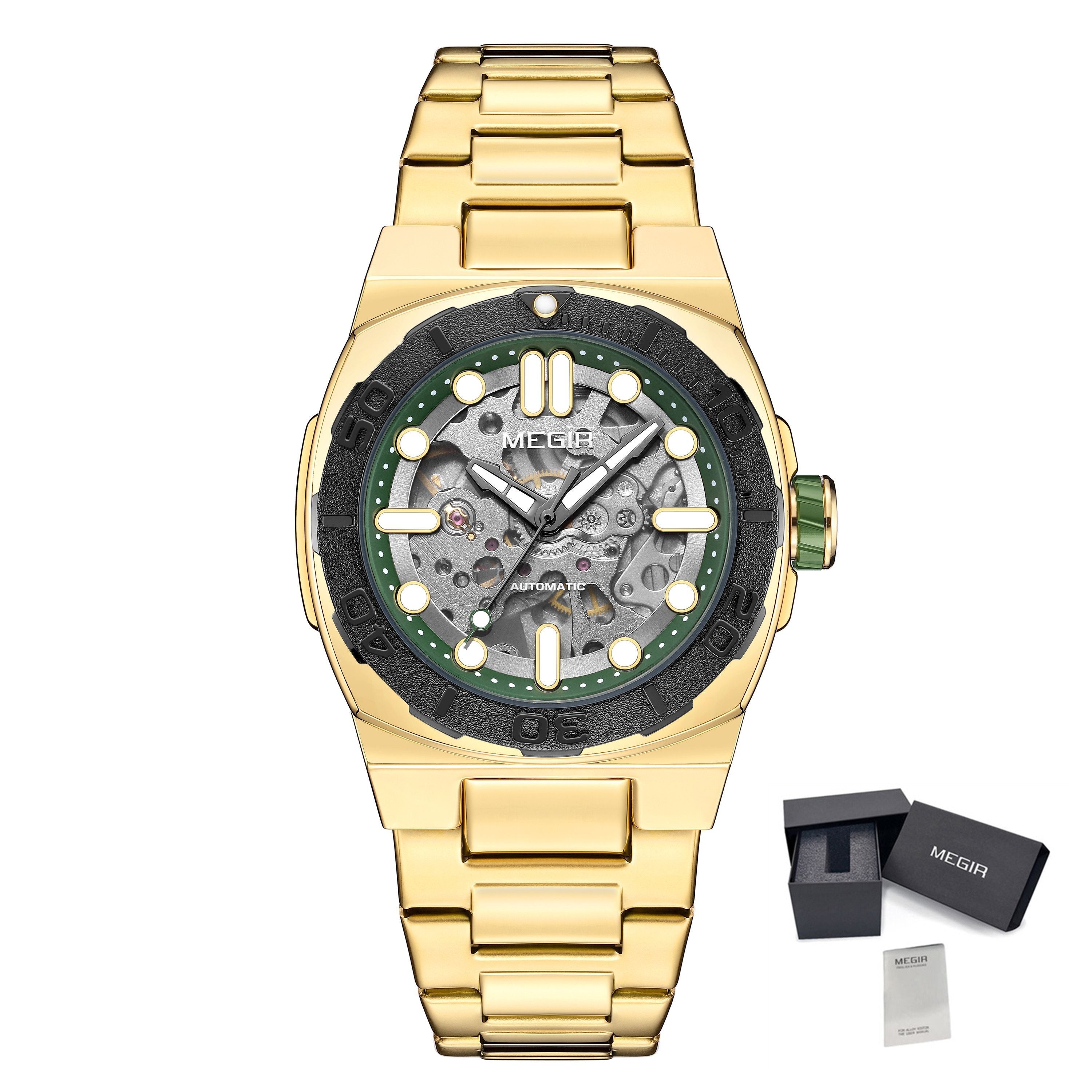 MEGIR Skeleton Dial Mechanical Watches for Men Luxury Business Wristwatch Stainless Steel Waterproof Automatic Watch Clock 8606