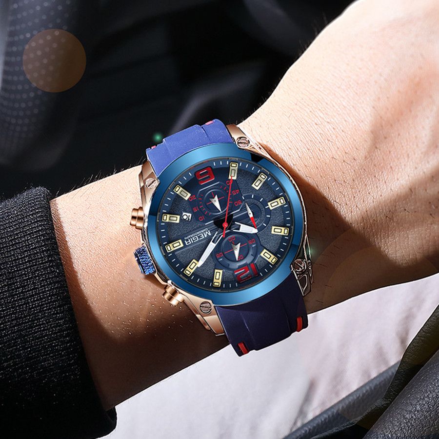 MEGIR Brand Luxury Big Dial Sport Quartz Watch for Men Waterproof Silicone Strap Chronograph Clock Wristwatch Reloj Hombre 2063