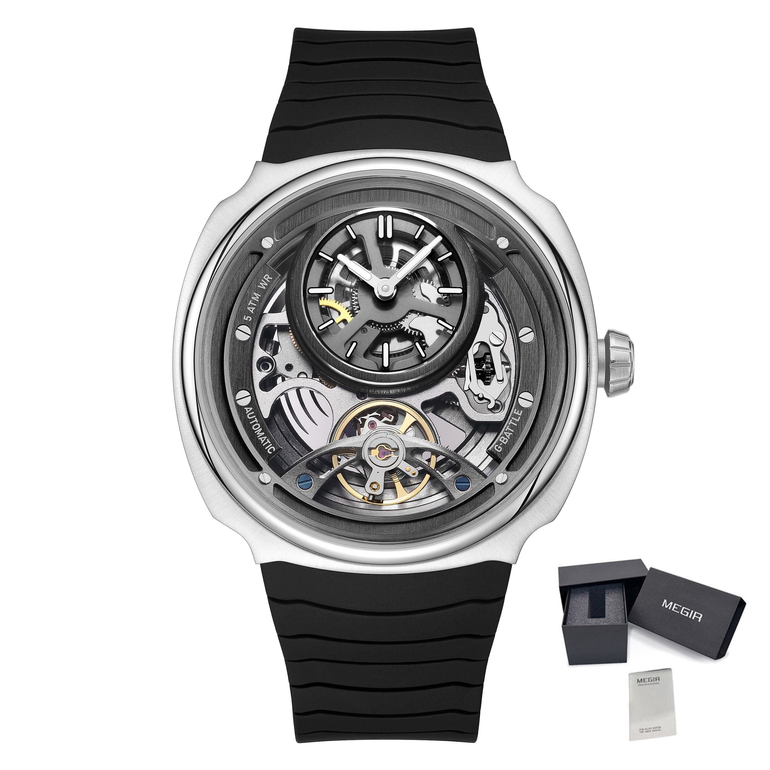 MEGIR Fashion Skeleton Men's Mechanical Watches 3ATM Waterproof Luminous Silicone Automatic Movement Sport Wrist Watch Reloj Hombre 2259