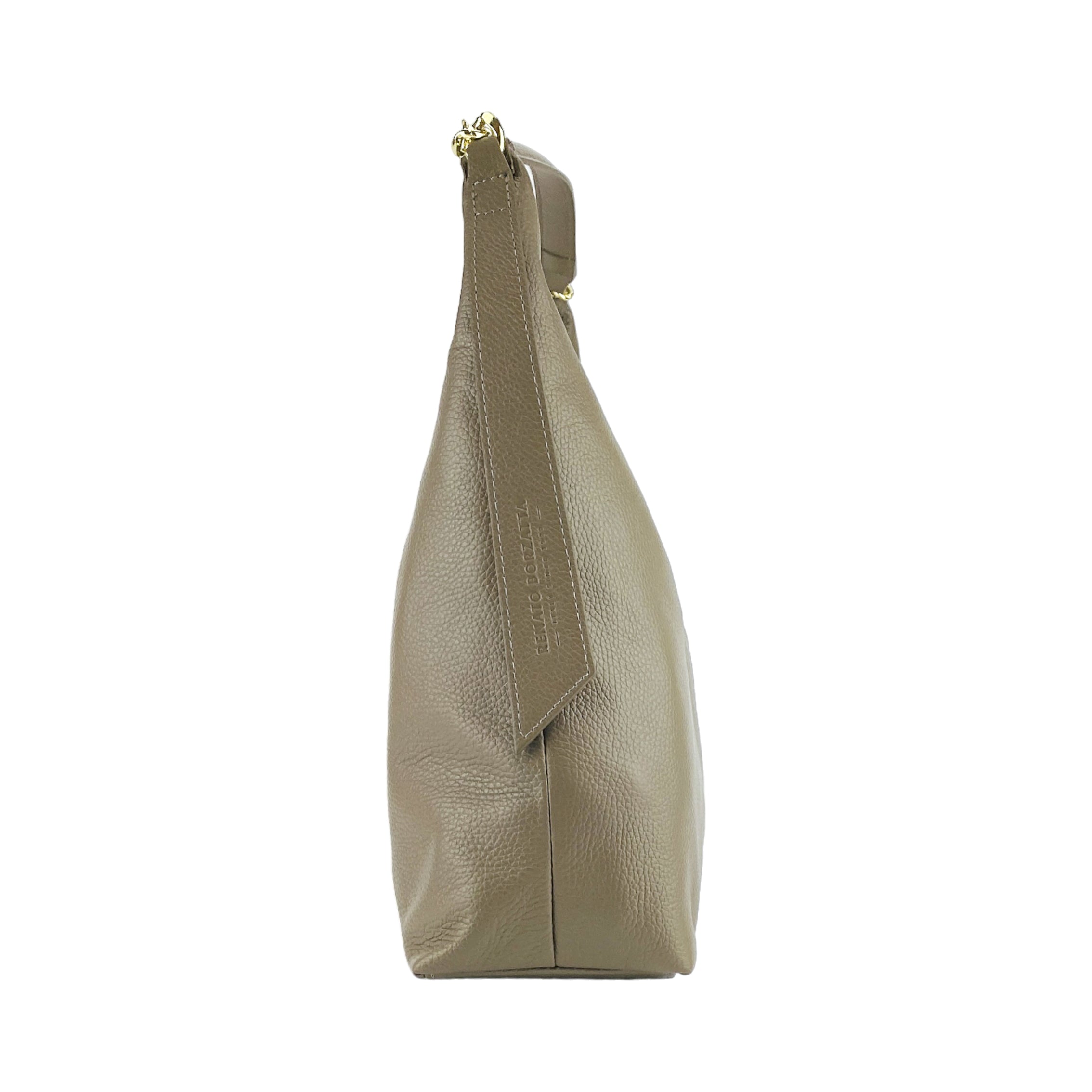 RB1017AQ | Women's Soft Shoulder Bag in Genuine Leather Made in Italy with single handle and removable shoulder strap. Shiny Gold metal snap hook attachments - Taupe color - Dimensions: cm 36 x 40 x 13