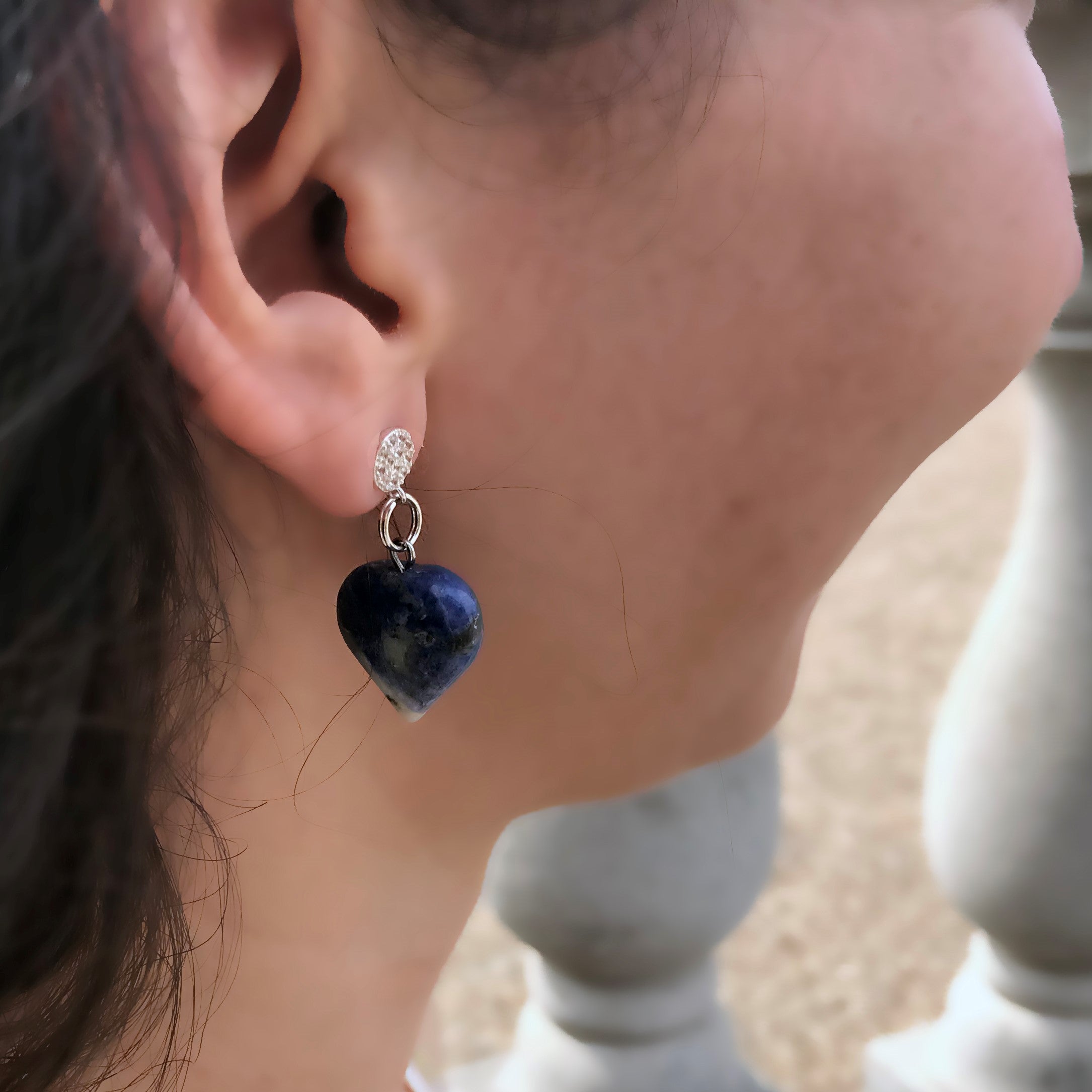 Sodalite Blue Gemstone Hearts Sterling Silver and Cubic Zirconia Stud Earrings