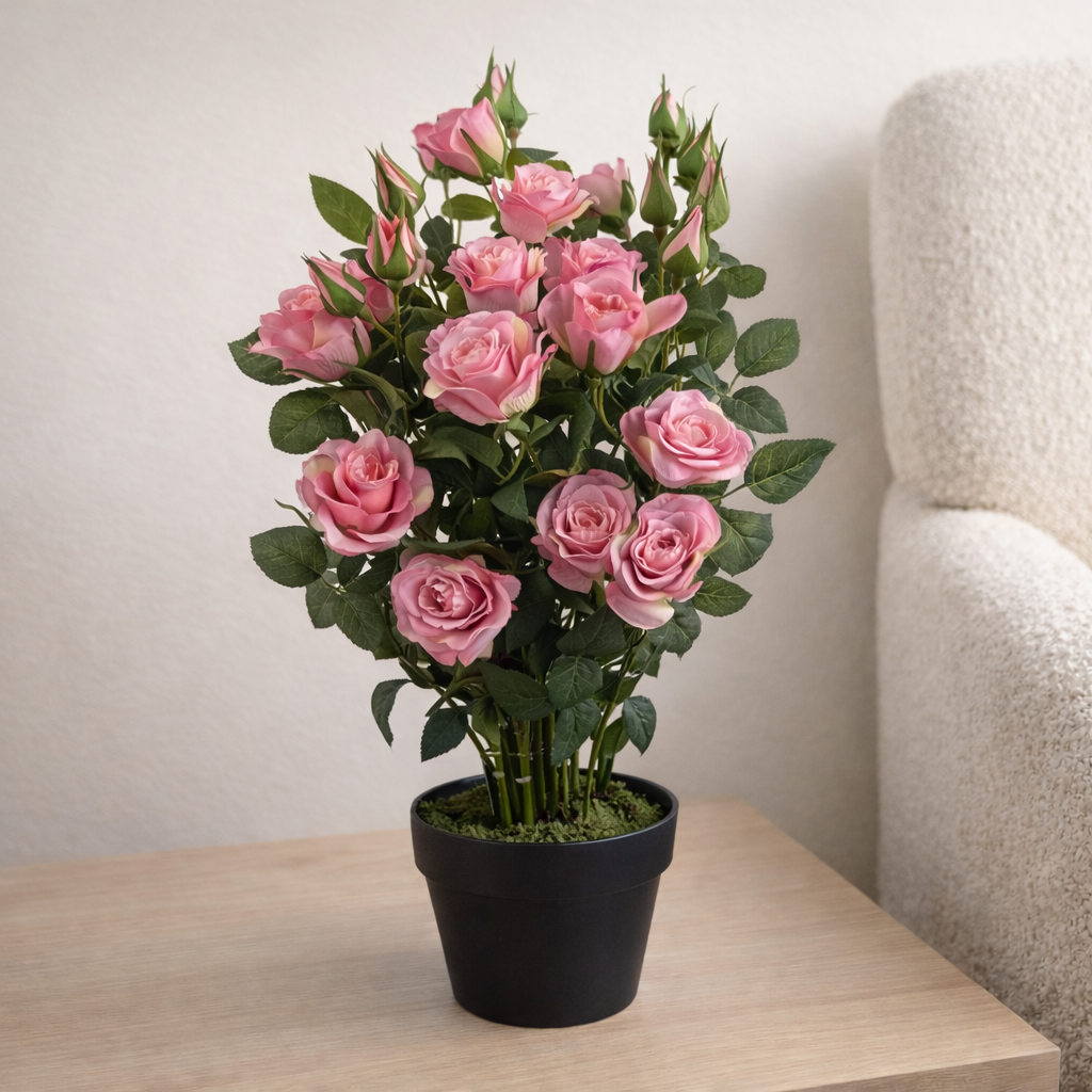 Botanik 60cm Rose Bush Pink Silk Flowers and Leaves