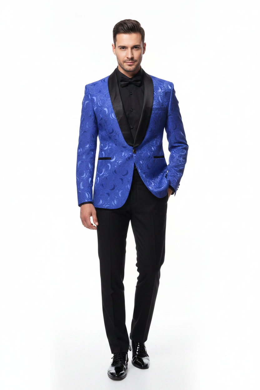 Men's royal blue floral jacquard party tuxedo suit