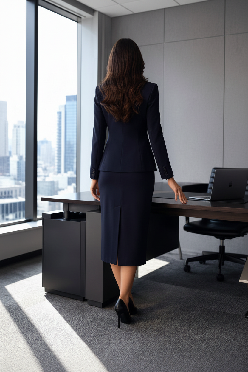 The double breasted navy skirt suit
